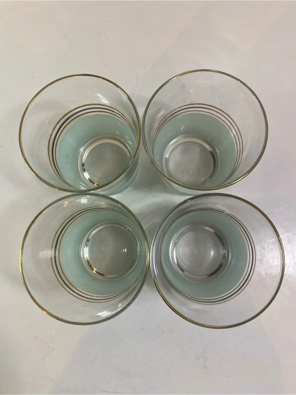 Set of 4 Vintage Mint Green Sugar Frosted Banded Glass Tumblers 4.5” Height